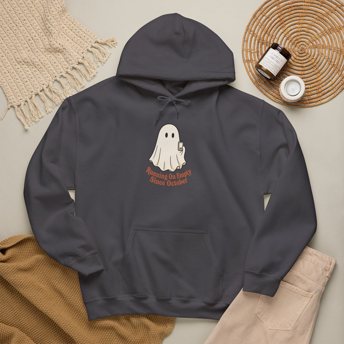Running On Empty Since October Hoodie - Charcoal - Flat Lay