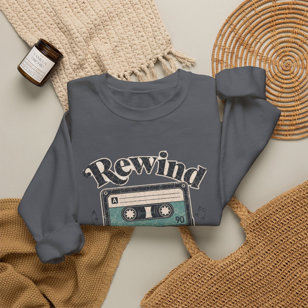 Retro Cassette Tape Sweatshirt - Charcoal - Flat Lay
