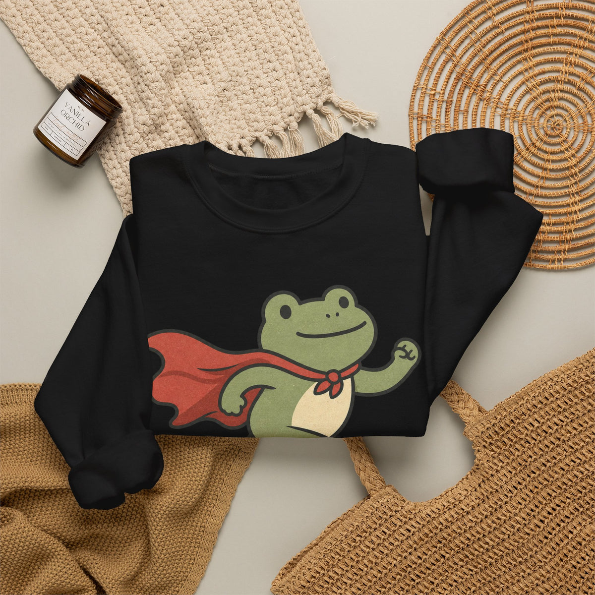 Superhero Frog running Sweatshirt - Black - Flat Lay