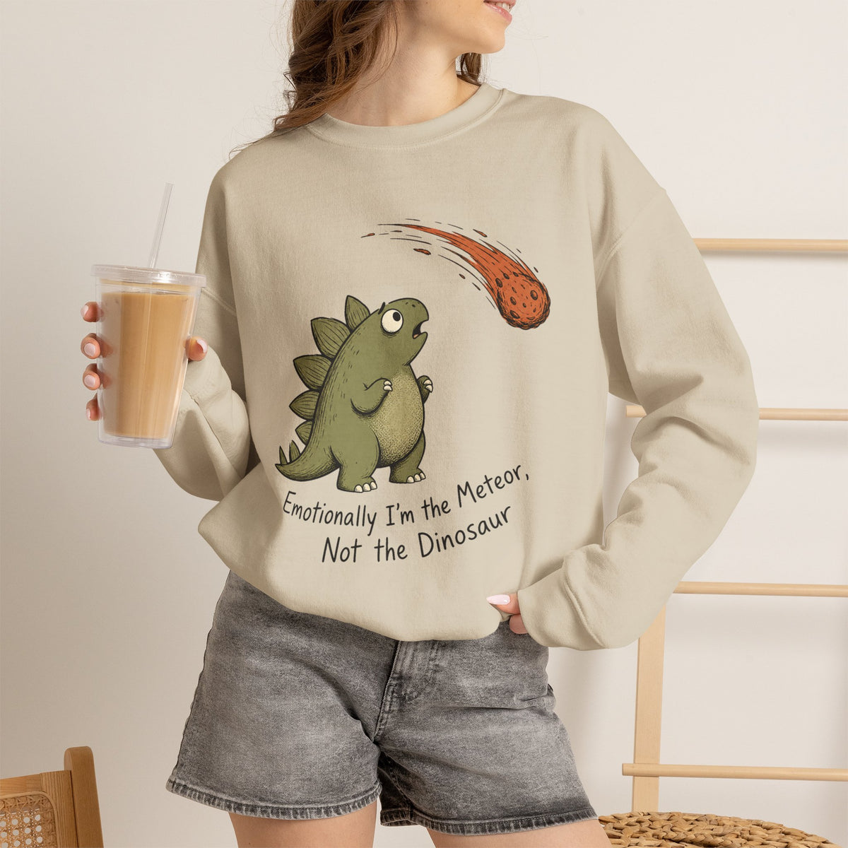 Emotionally I’m the Meteor Dinosaur Sweatshirt - Sand - On Model Female