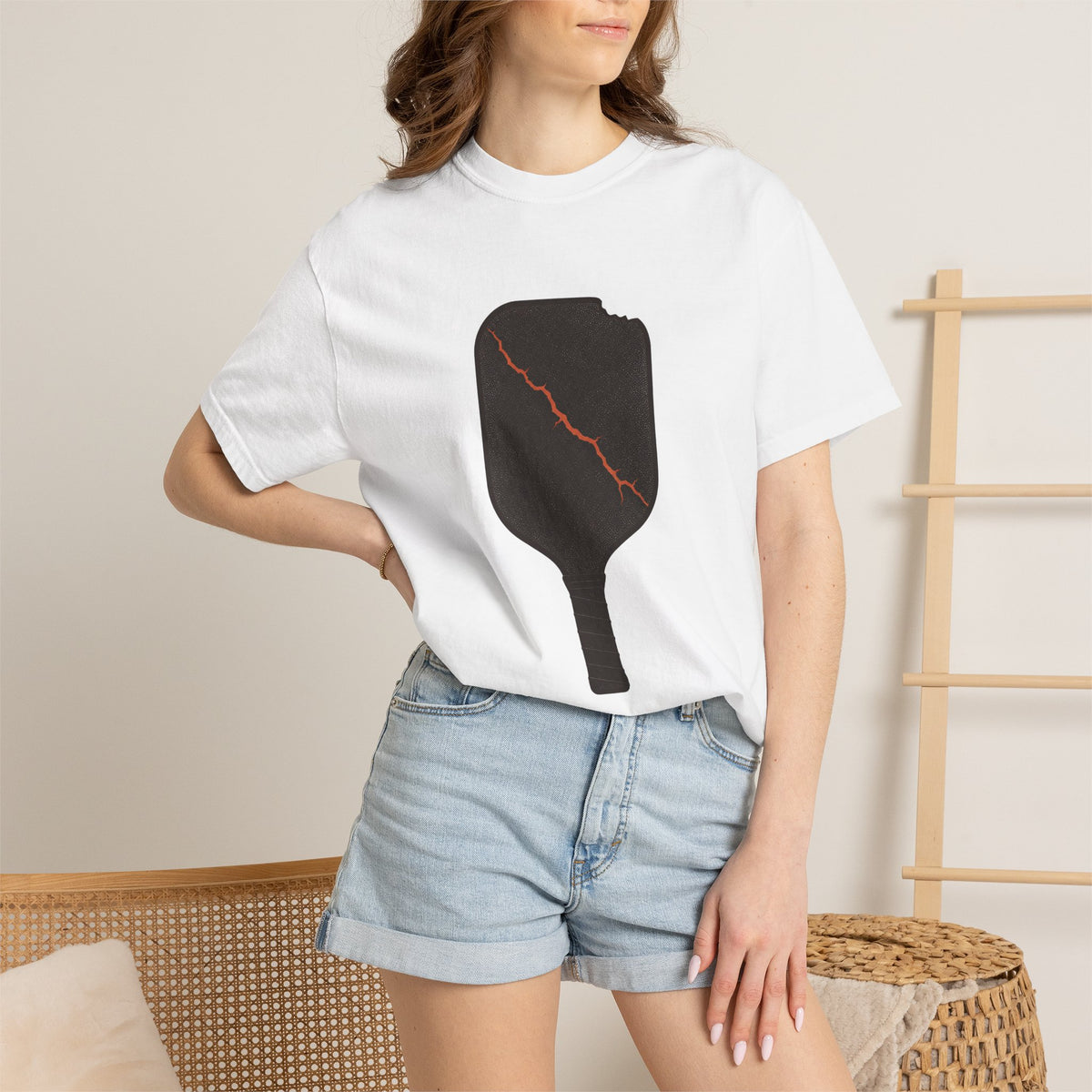 Pickleball Paddle Graphic T-Shirt - White - On Model Close-Up