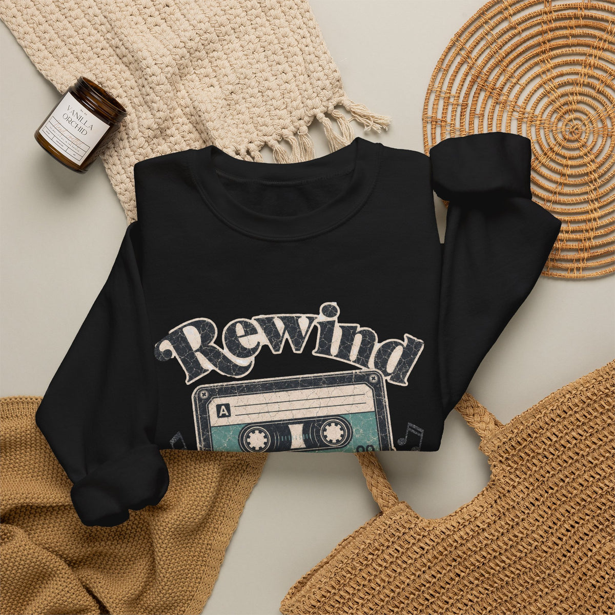 Retro Cassette Tape Sweatshirt - Black - Flat Lay