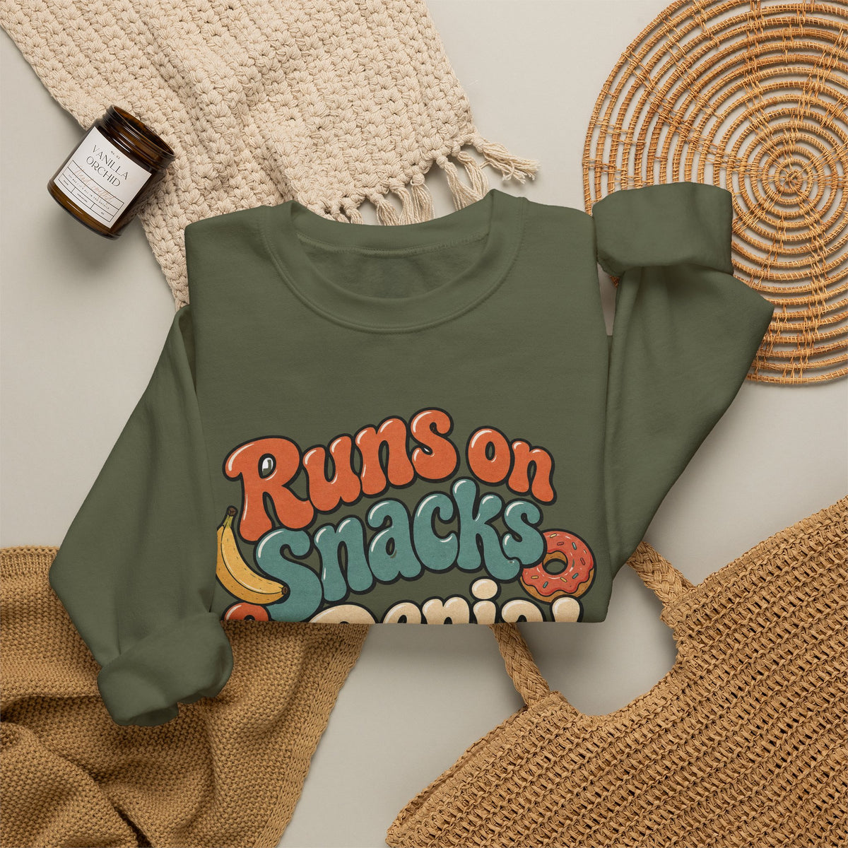 Runs on Snacks & Denial Sweatshirt - Military Green - flat lay