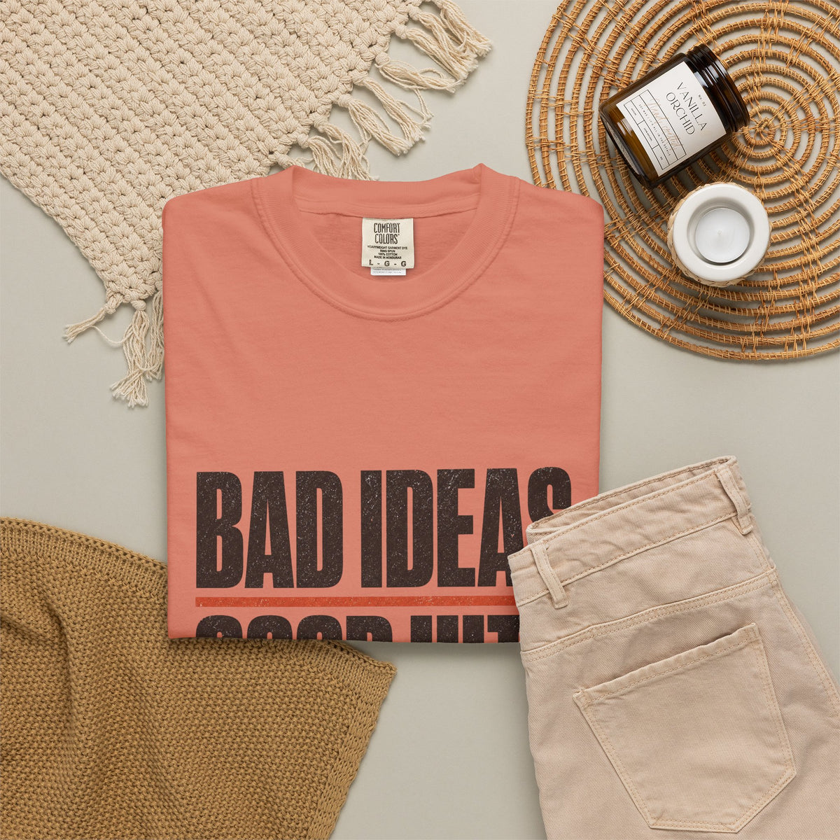 Bad Ideas. Good Hits. T-Shirt - Terracotta - Flat Lay