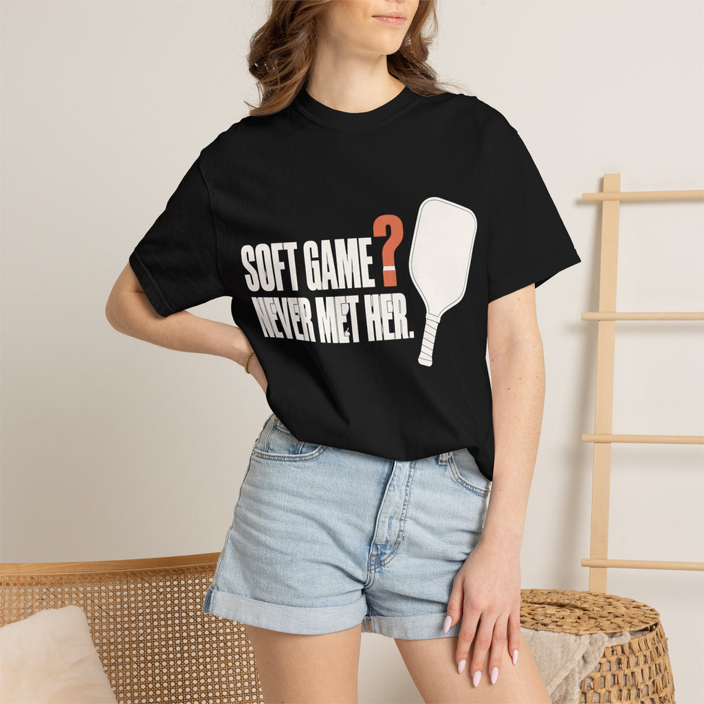 Soft Game? Never Met Her T-Shirt - Black - On Model Close-Up