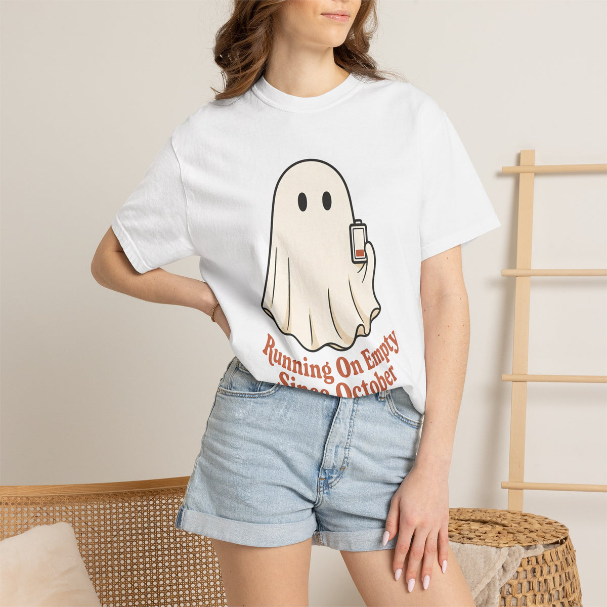Running On Empty Since October T-Shirt - White - On Model Close-Up