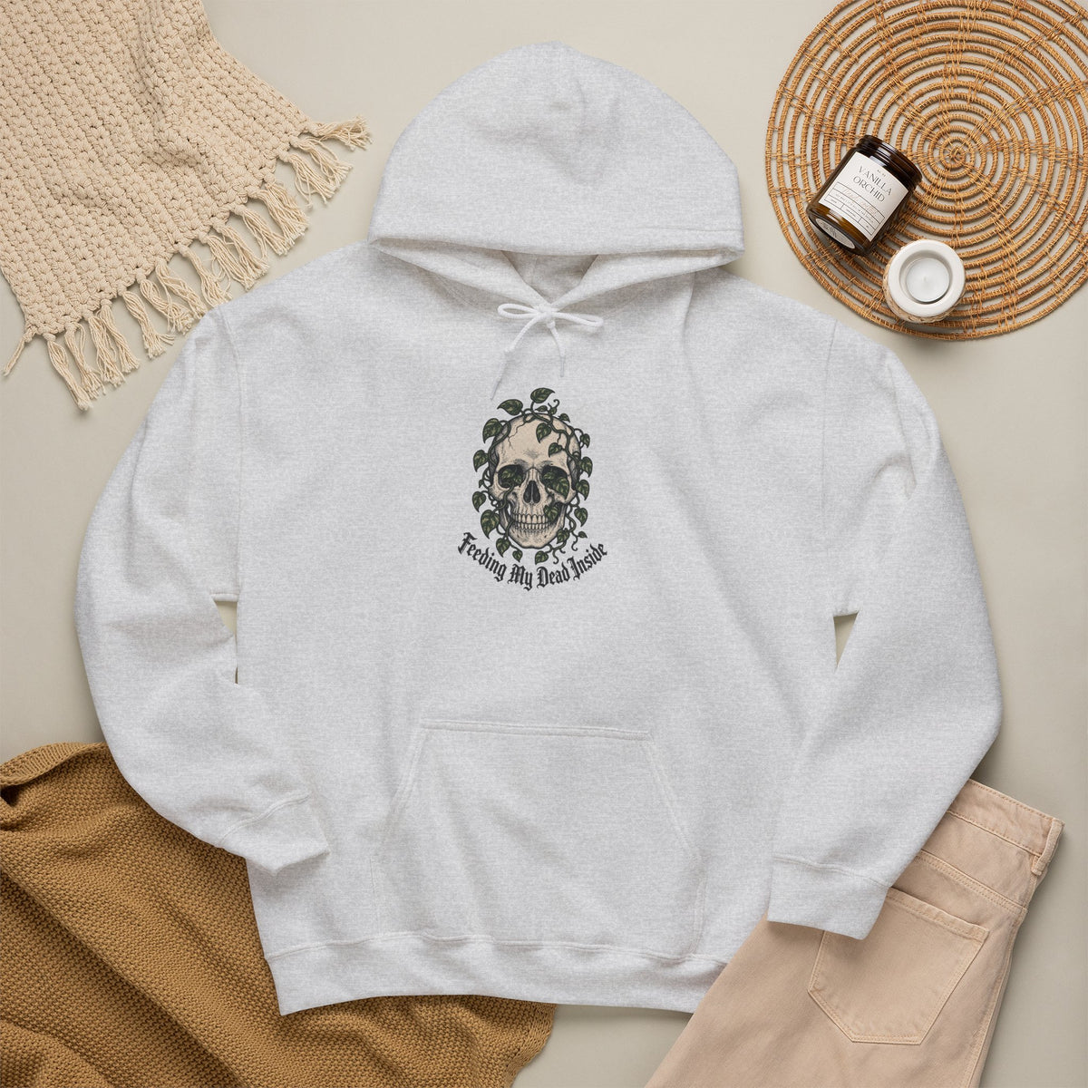 Skull with Ivy Leaves Hoodie - Ash - flat lay