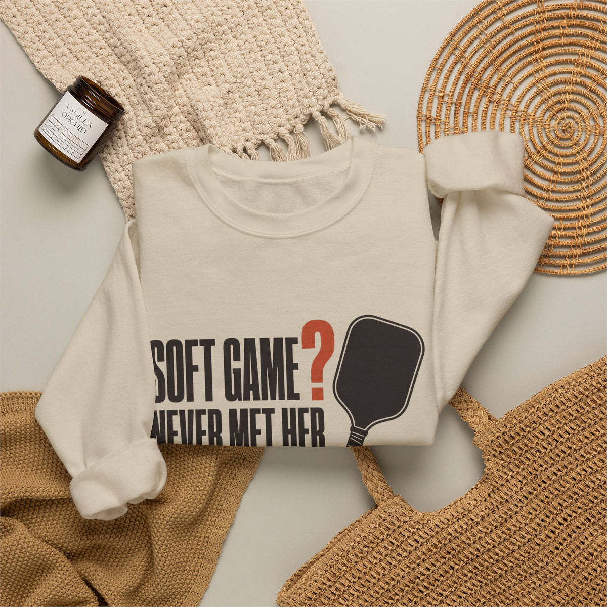 Soft Game? Never Met Her Sweatshirt - Sand - Flat Lay