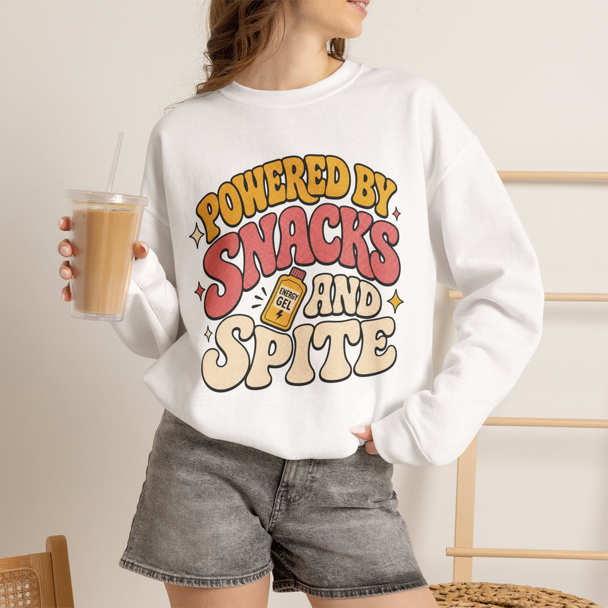 Powered by Snacks and Spite Sweatshirt - White - On Model Female