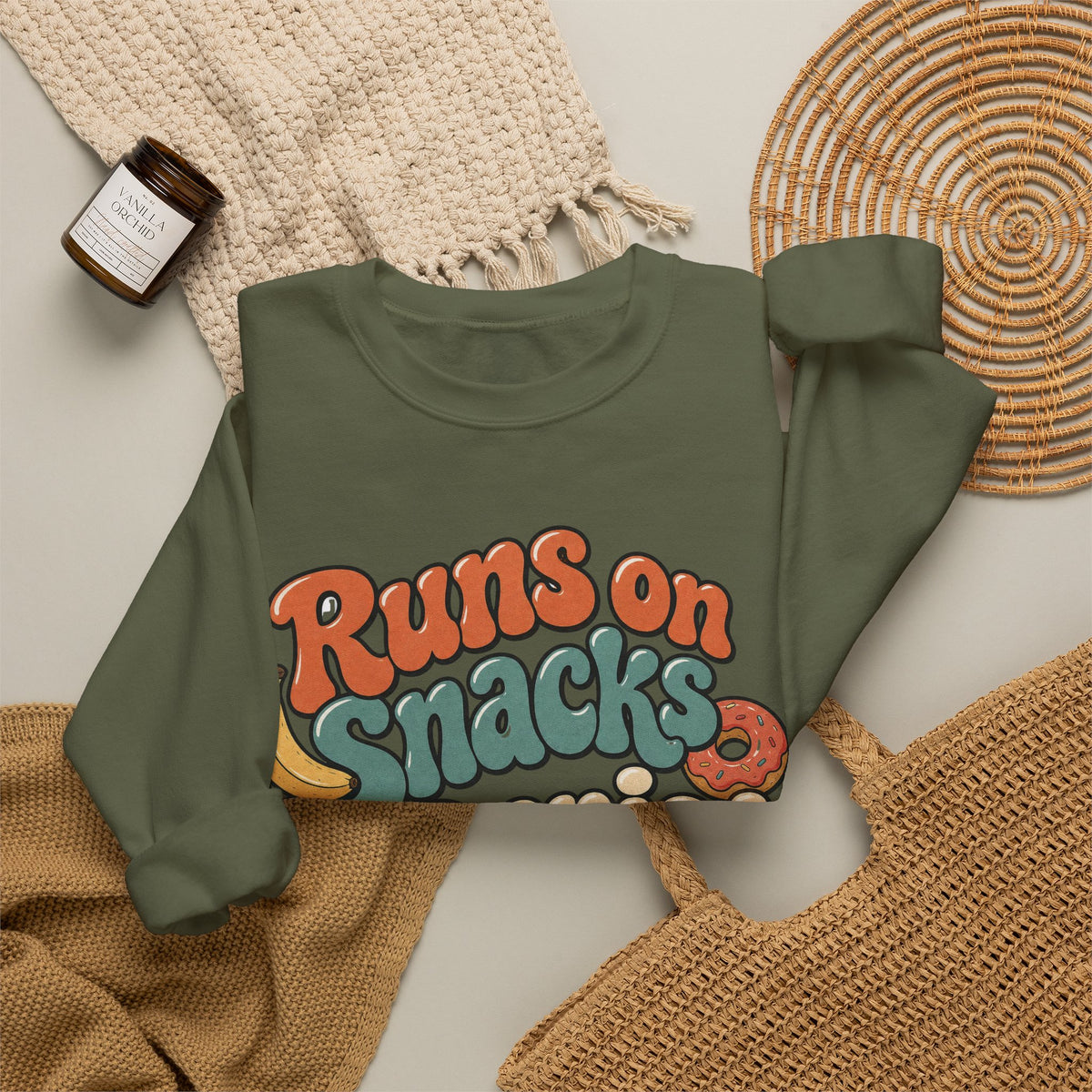 Runs on Snacks & Denial Sweatshirt - Military Green - Flat Lay