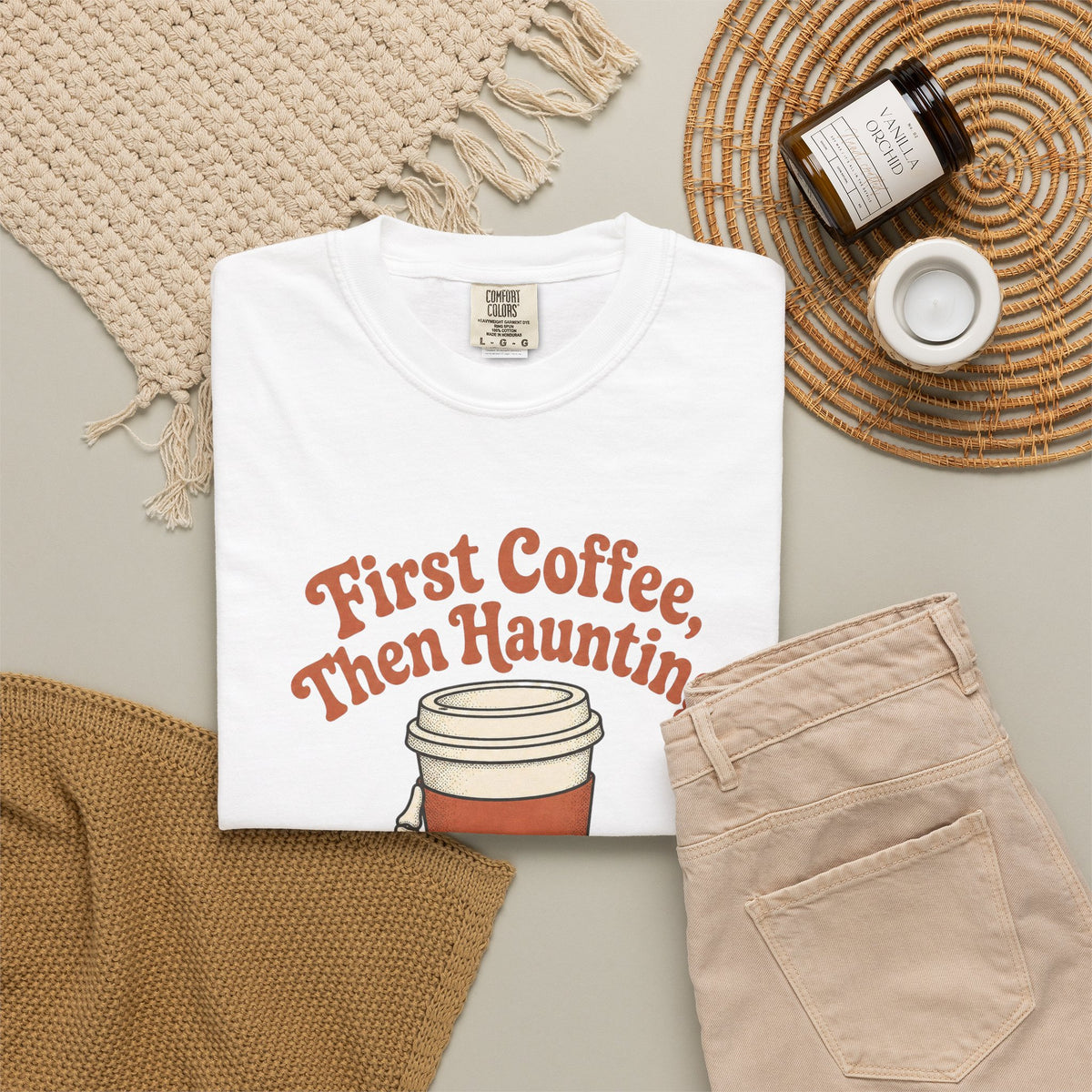 First Coffee Then Haunting T-Shirt - White - Flat Lay