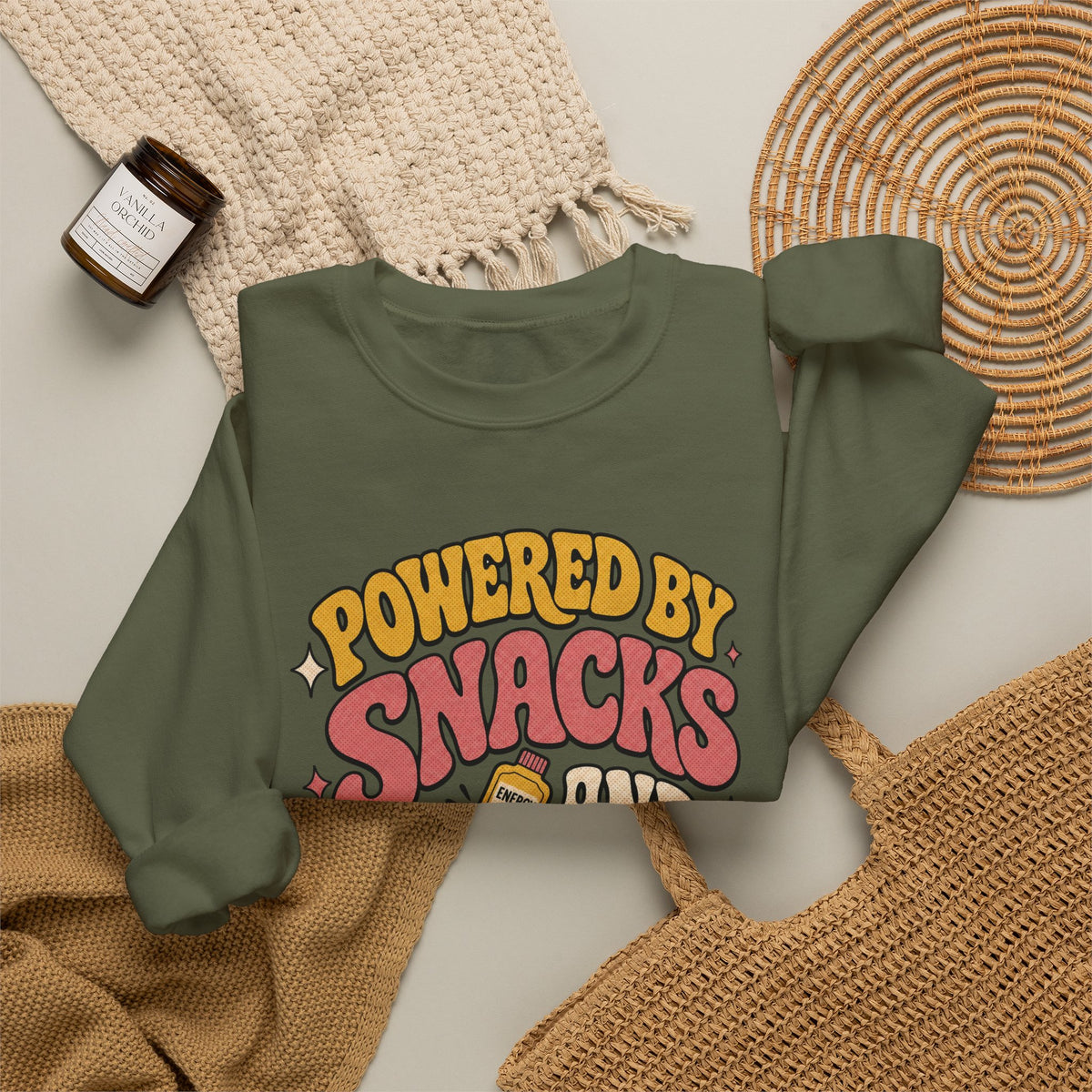 Powered by Snacks and Spite Sweatshirt - Military Green - flat lay