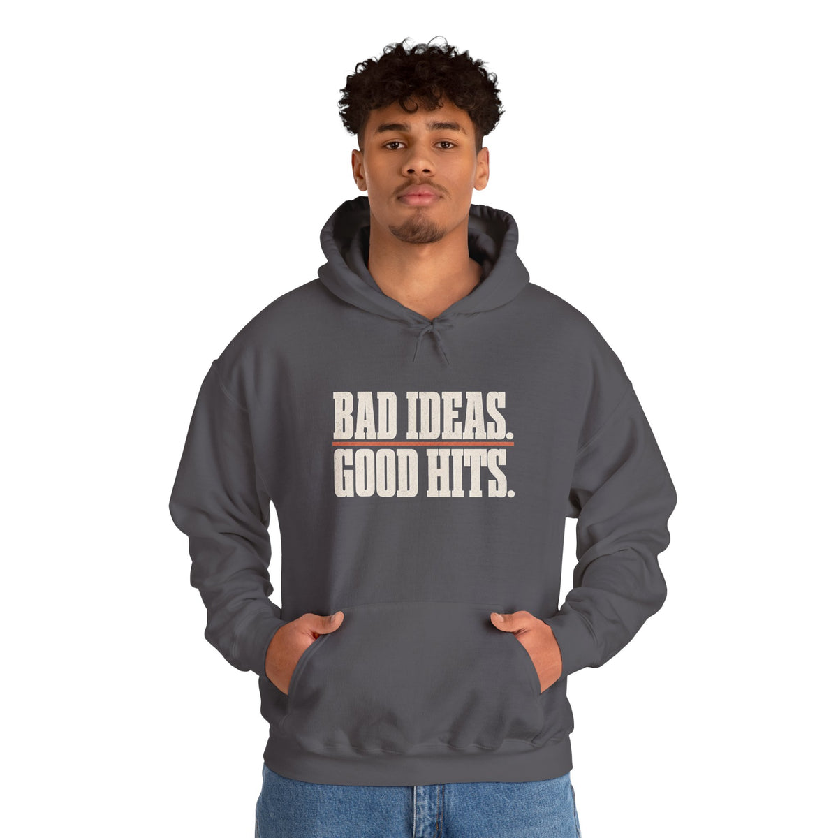 Bad Ideas. Good Hits. Hoodie - Charcoal - On Model Male
