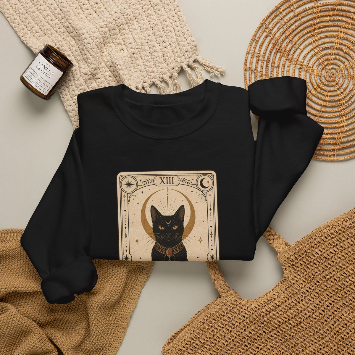 Black Cat Tarot Card Sweatshirt - Black - flat lay
