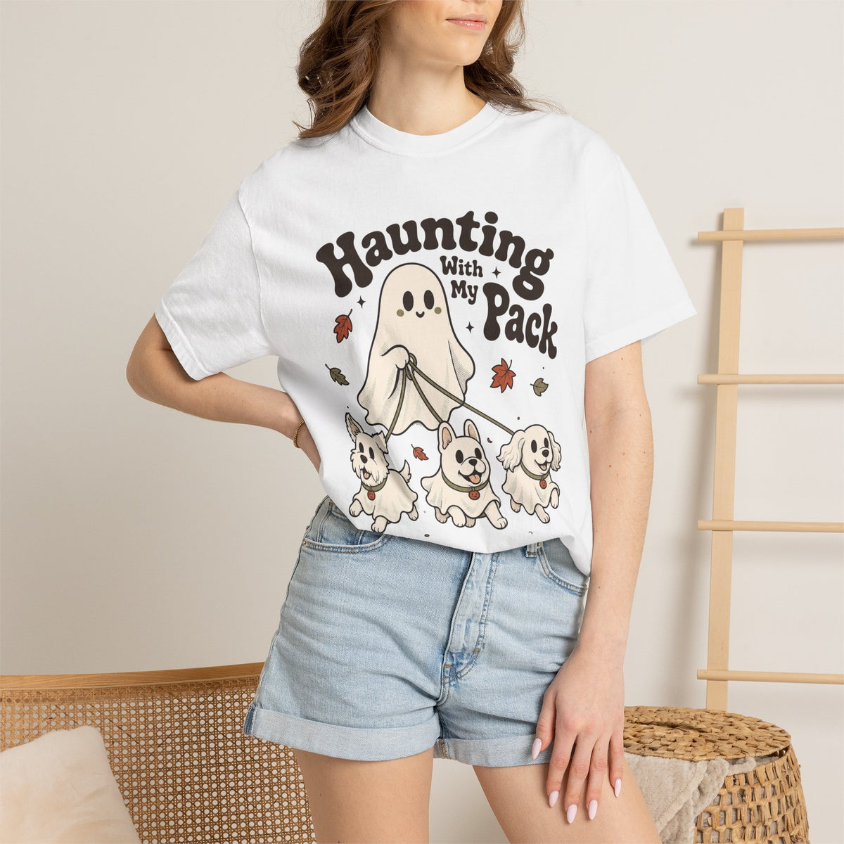 Haunting With My Pack T-shirt - White - on model close-up