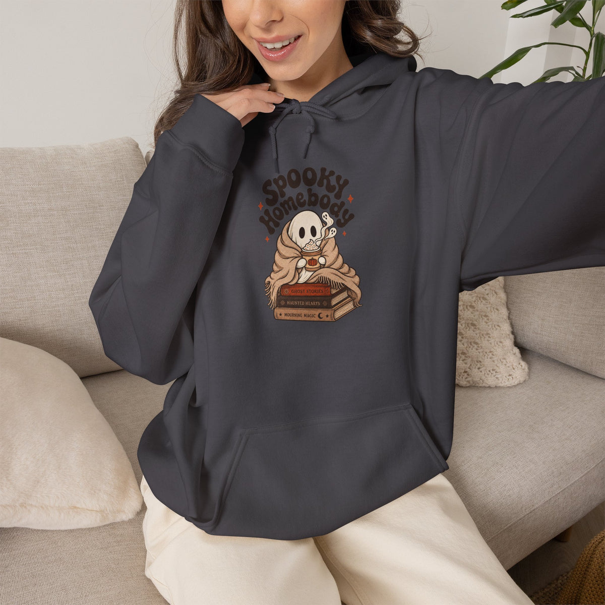 Spooky Homebody Ghost Hoodie - Charcoal - on model female