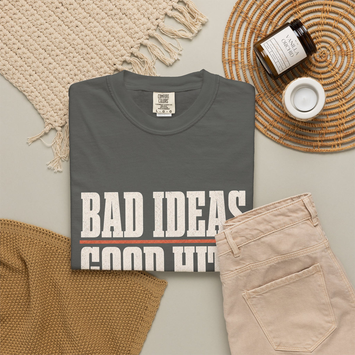 Bad Ideas. Good Hits. T-Shirt - Pepper - Flat Lay