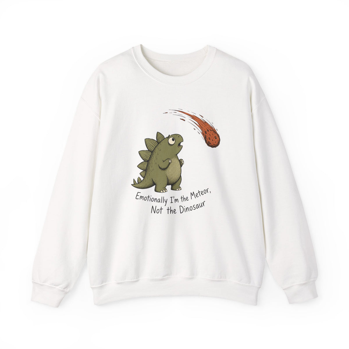 Emotionally I'm the Meteor Dinosaur Sweatshirt - White - Flat Lay