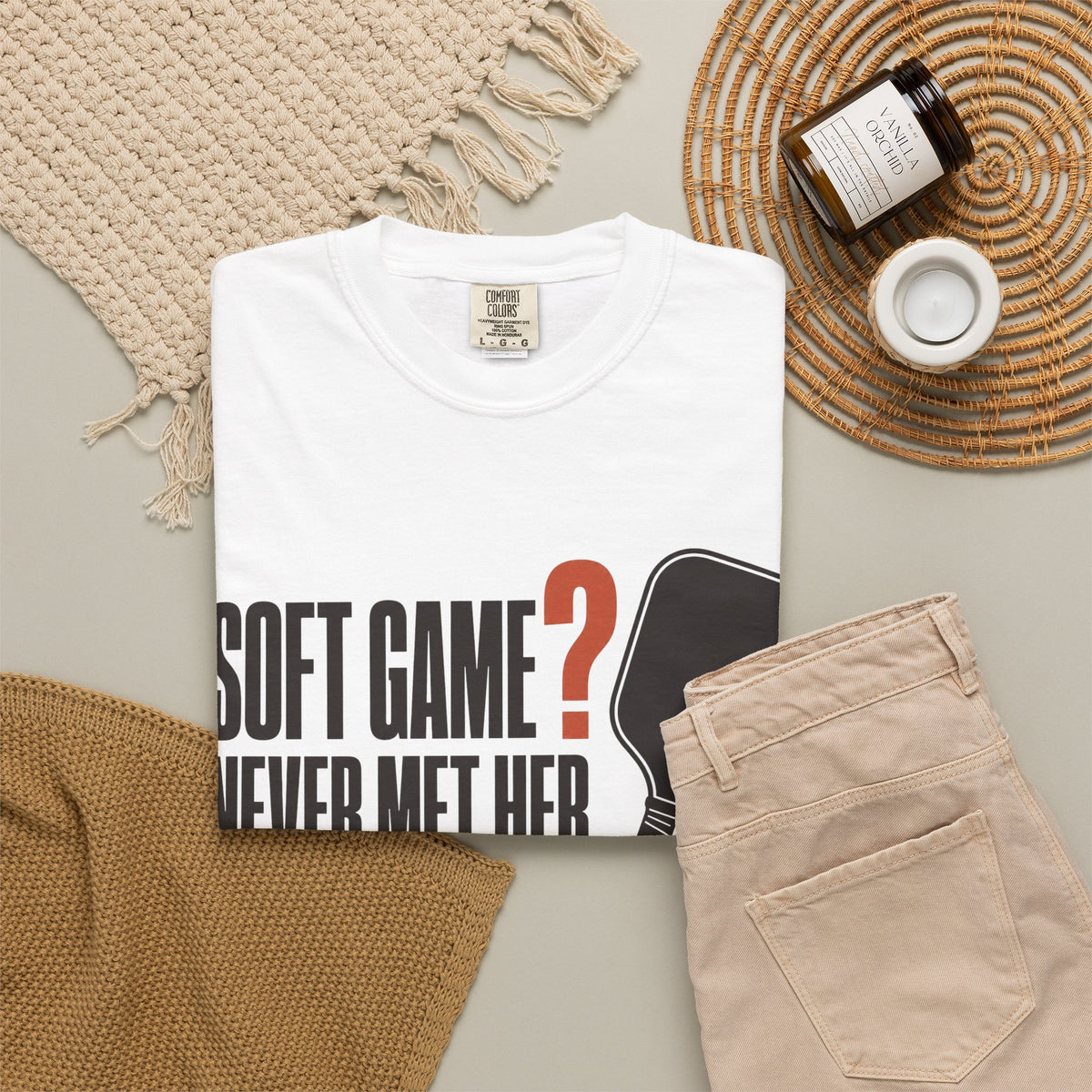Soft Game? Never Met Her T-Shirt - White - Flat Lay