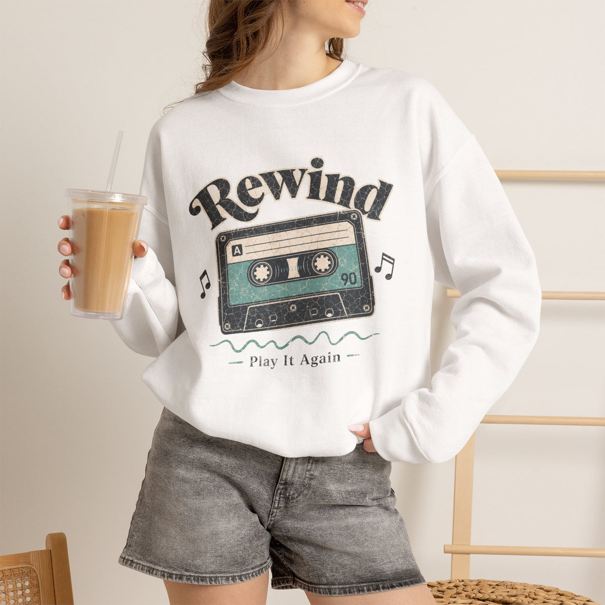 Retro Cassette Tape Sweatshirt - White - On Model Female