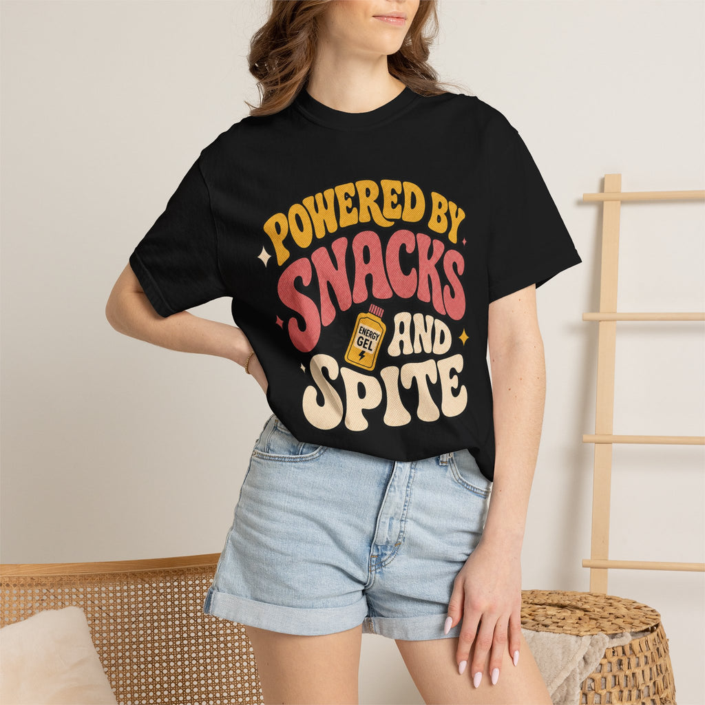 Powered by Snacks and Spite T-shirt - Black - on model close-up
