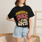 Powered by Snacks and Spite T-shirt - Black - on model close-up
