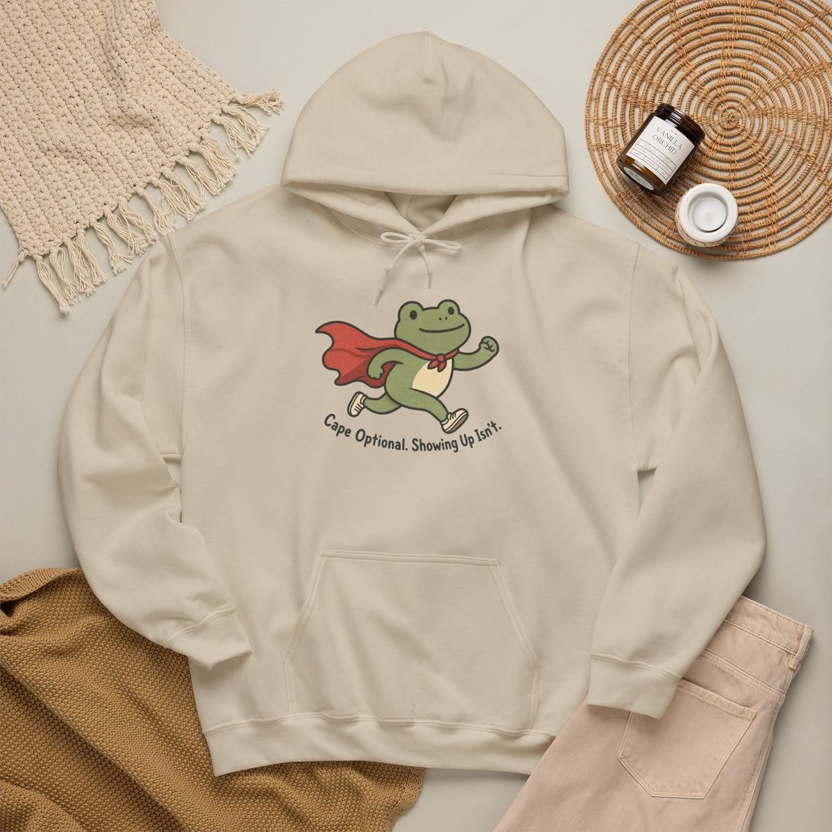 Superhero Frog running Hoodie - Sand - flat lay