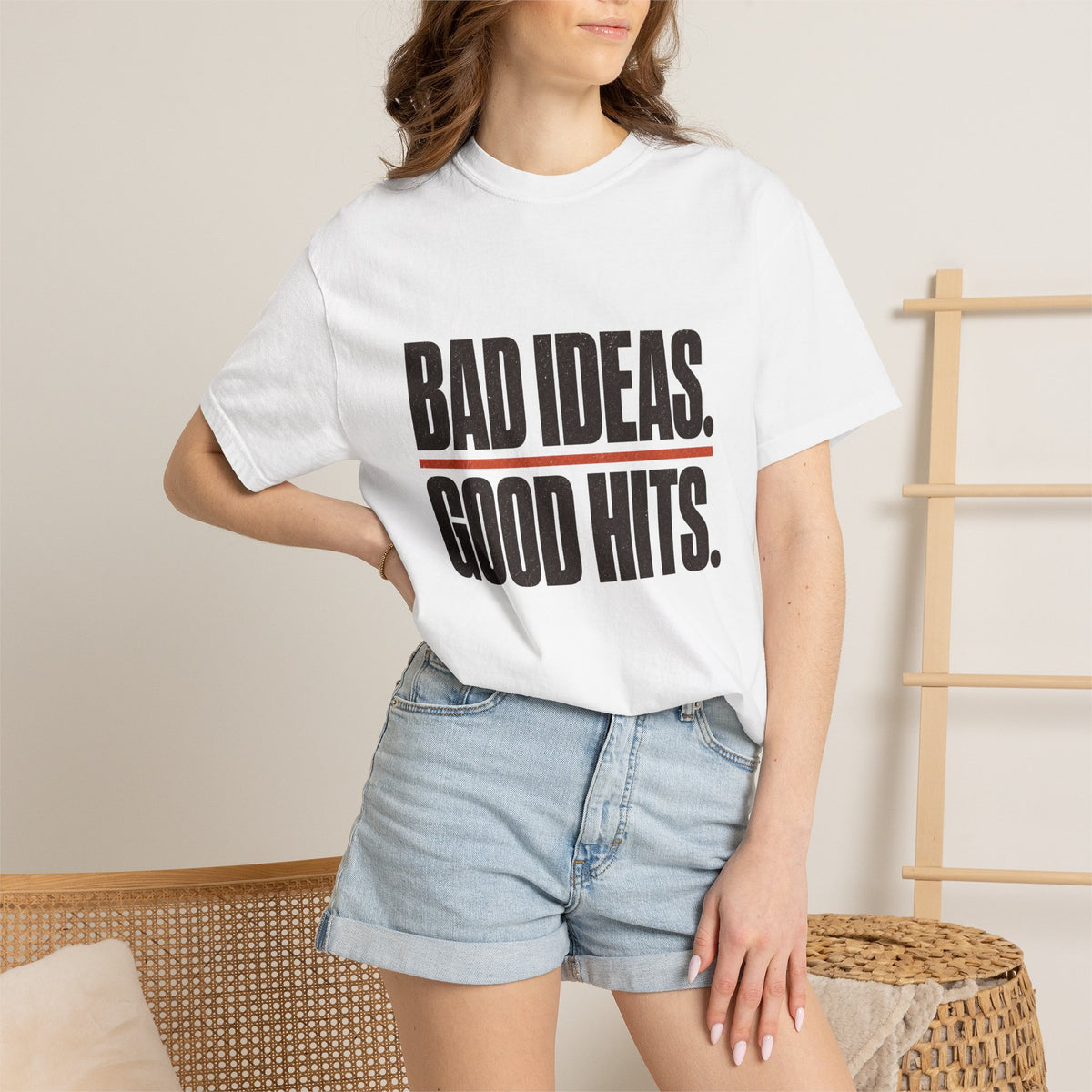 Bad Ideas. Good Hits. T-Shirt - White - On Model Close-Up