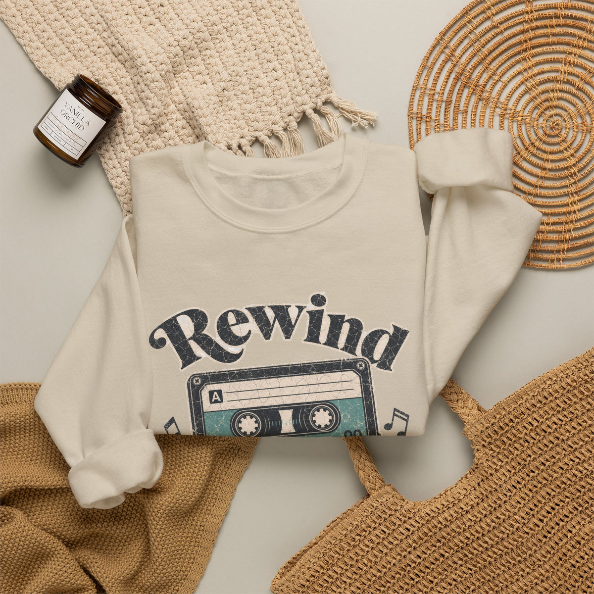 Retro Cassette Tape Sweatshirt - Sand - Flat Lay
