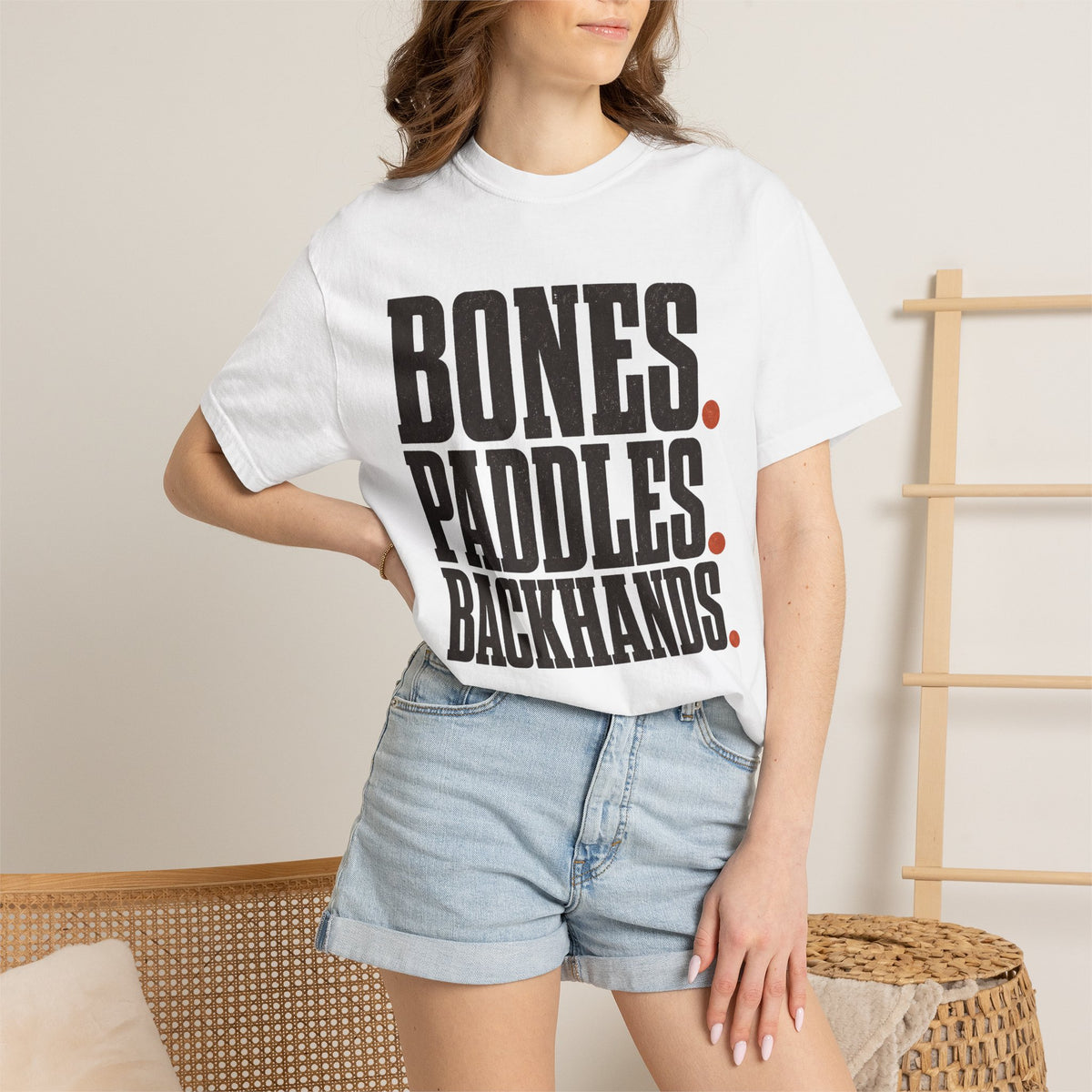 Bones Paddles Backhands T-Shirt - White - On Model Close-Up