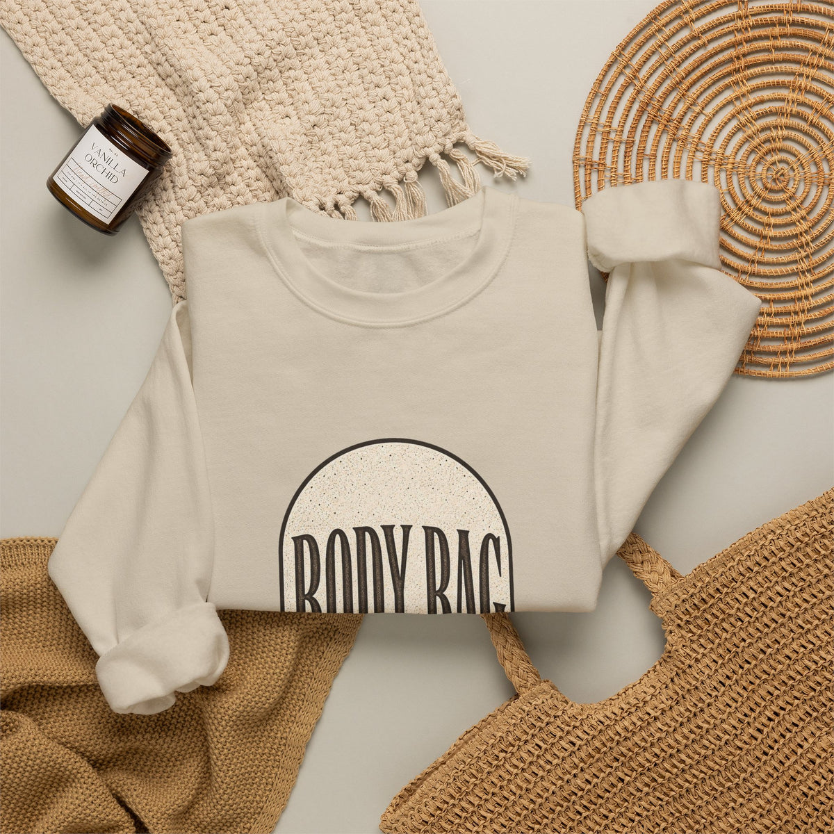BODY BAG It's a Shot, Not a Threat Sweatshirt - Sand - Flat Lay