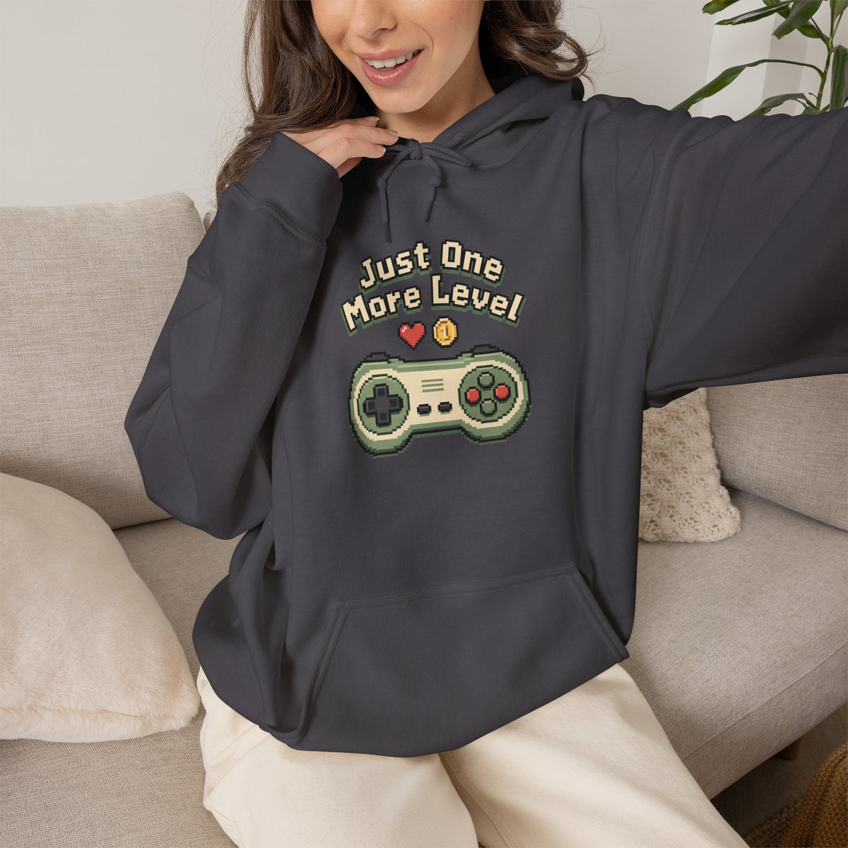 Just One More Level Hoodie - Charcoal - On Model Female