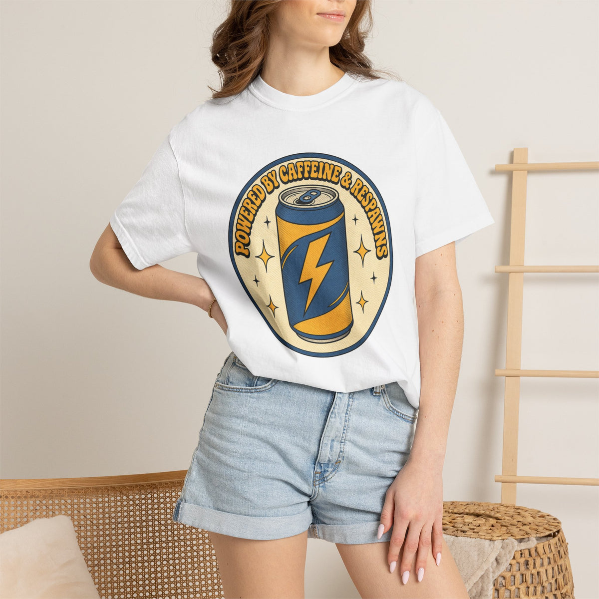 Caffeinated Energy Can T-shirt - White - On Model Female