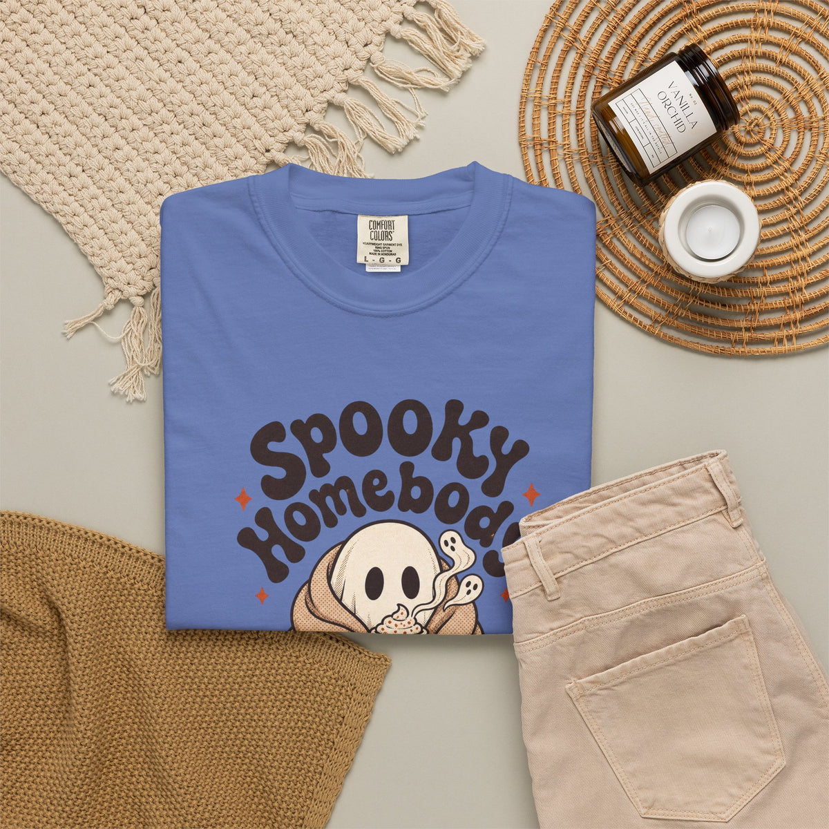 Spooky Homebody Ghost  T-Shirt - Mystic Blue - Flat Lay