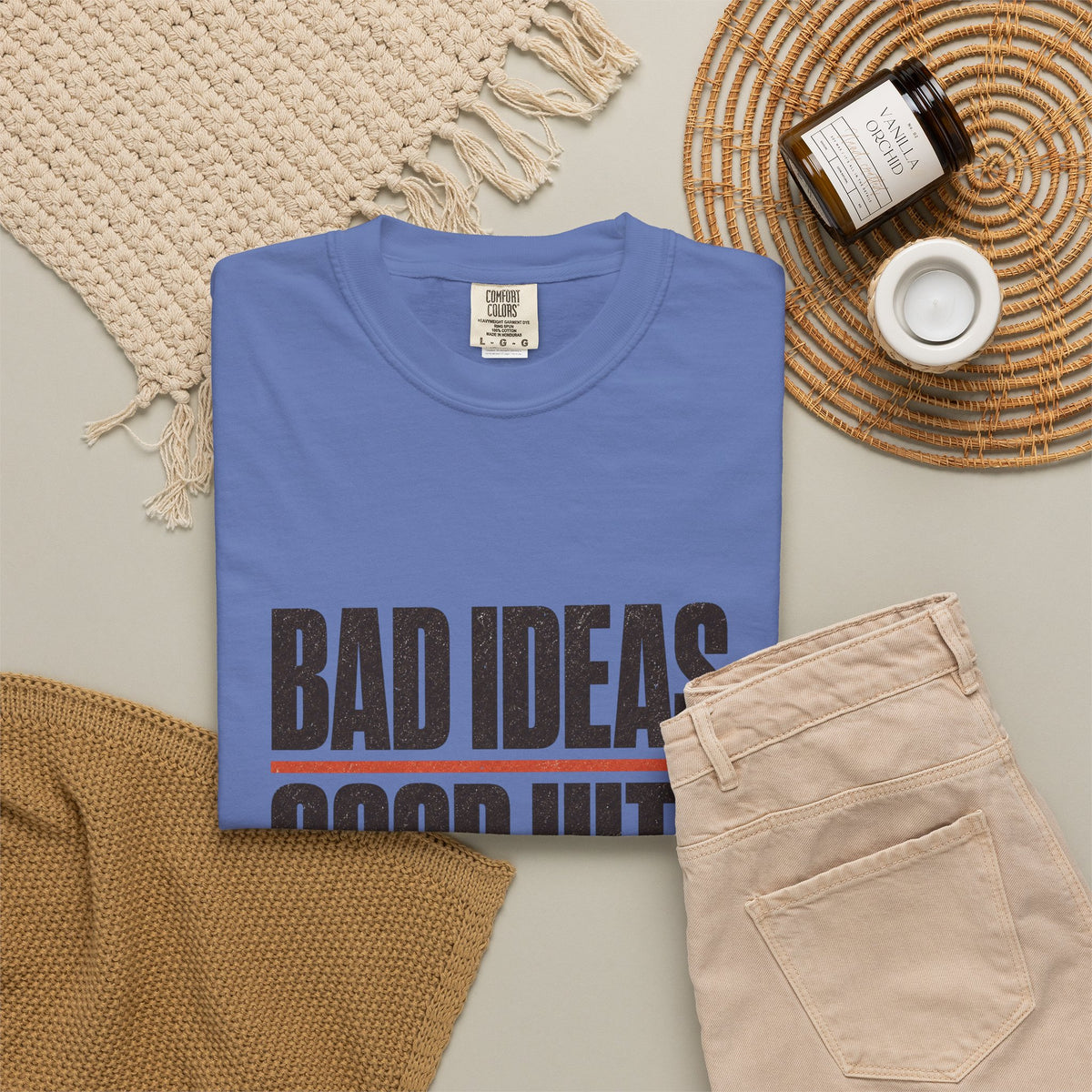Bad Ideas. Good Hits. T-Shirt - Mystic Blue - Flat Lay