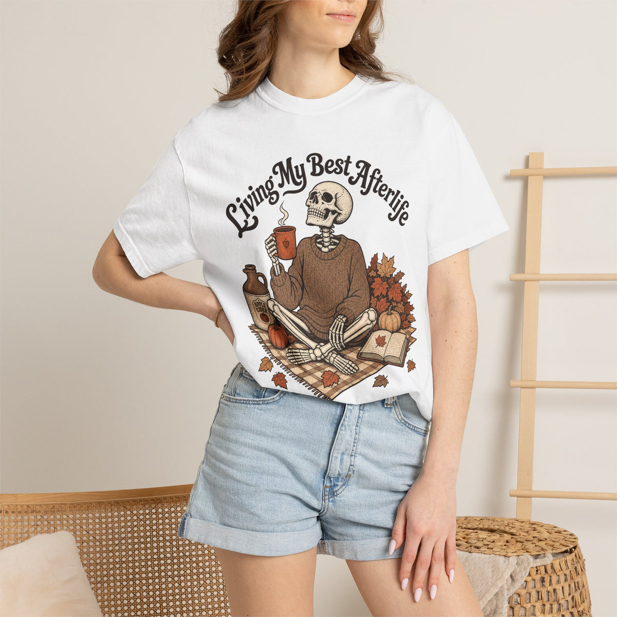 Living My Best Afterlife T-shirt - White - on model close-up