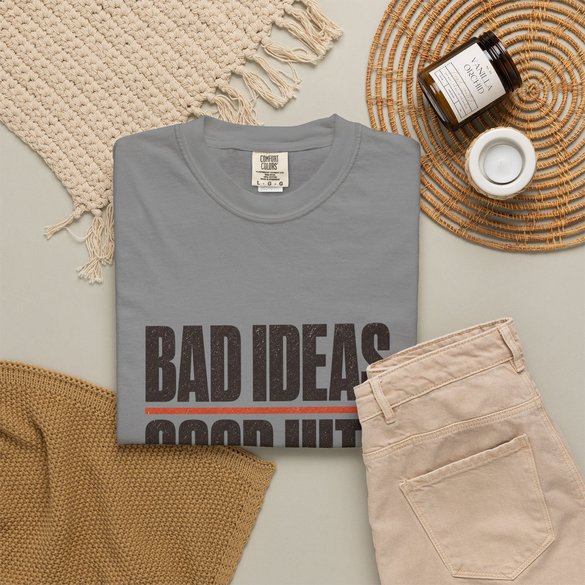 Bad Ideas. Good Hits. T-Shirt - Grey - Flat Lay