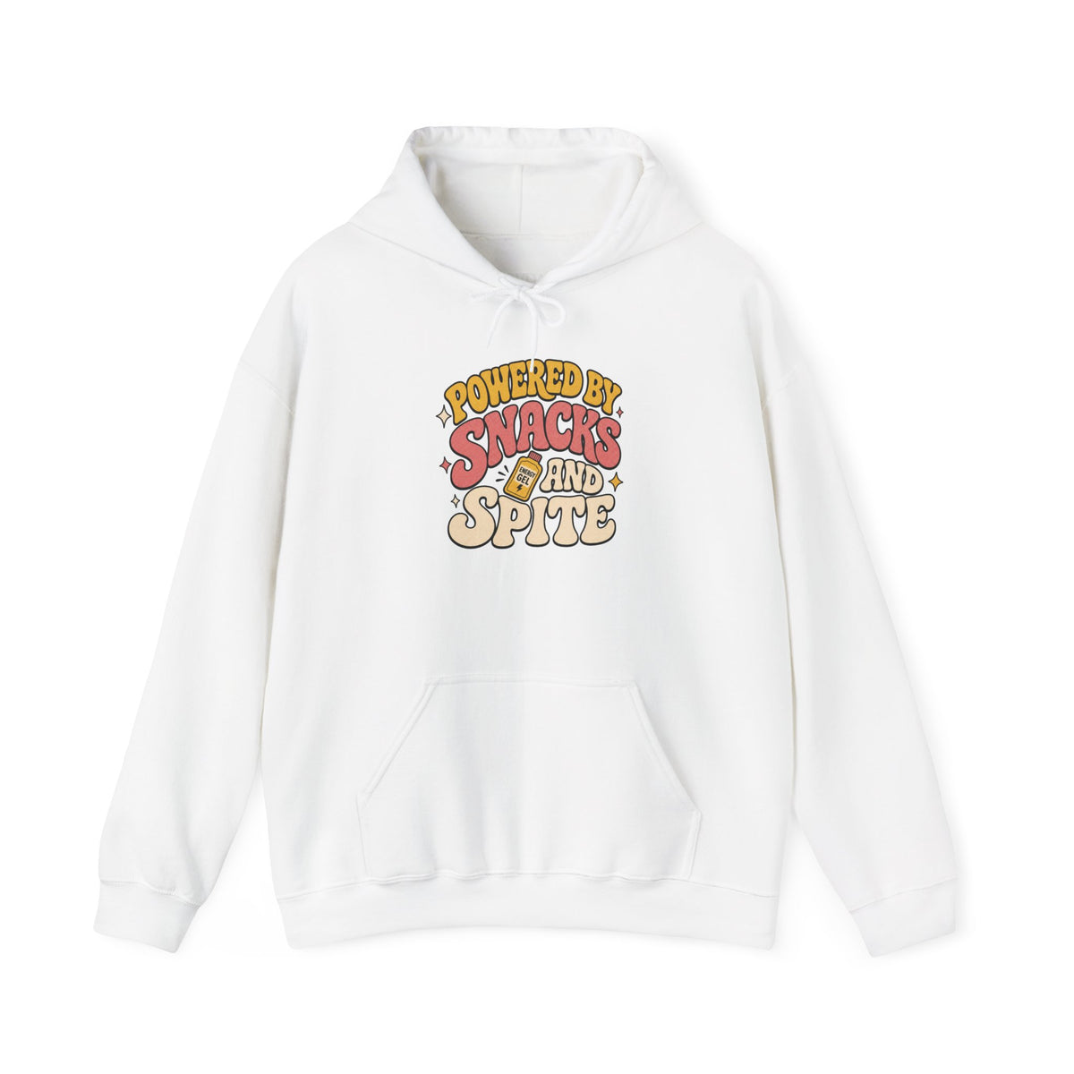 Powered by Snacks and Spite Hoodie - White - flat lay1