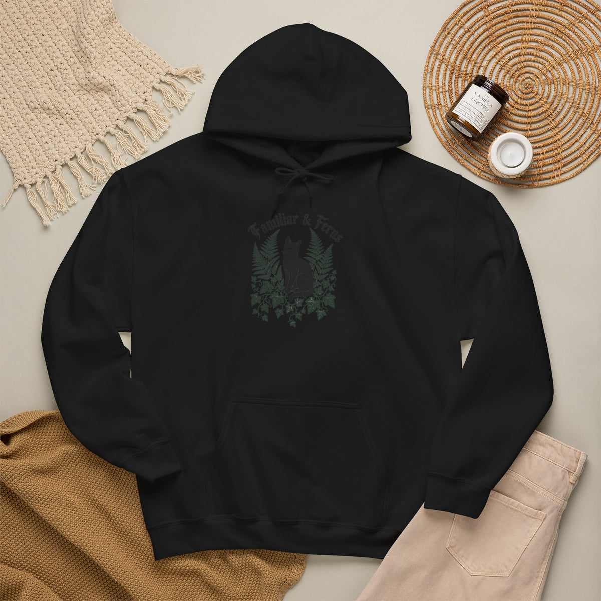 Familiar & Ferns Hoodie - Black - Flat Lay