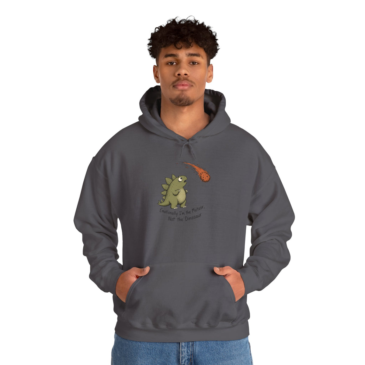 Emotionally I'm the Meteor Dinosaur Hoodie - Charcoal - On Model Male