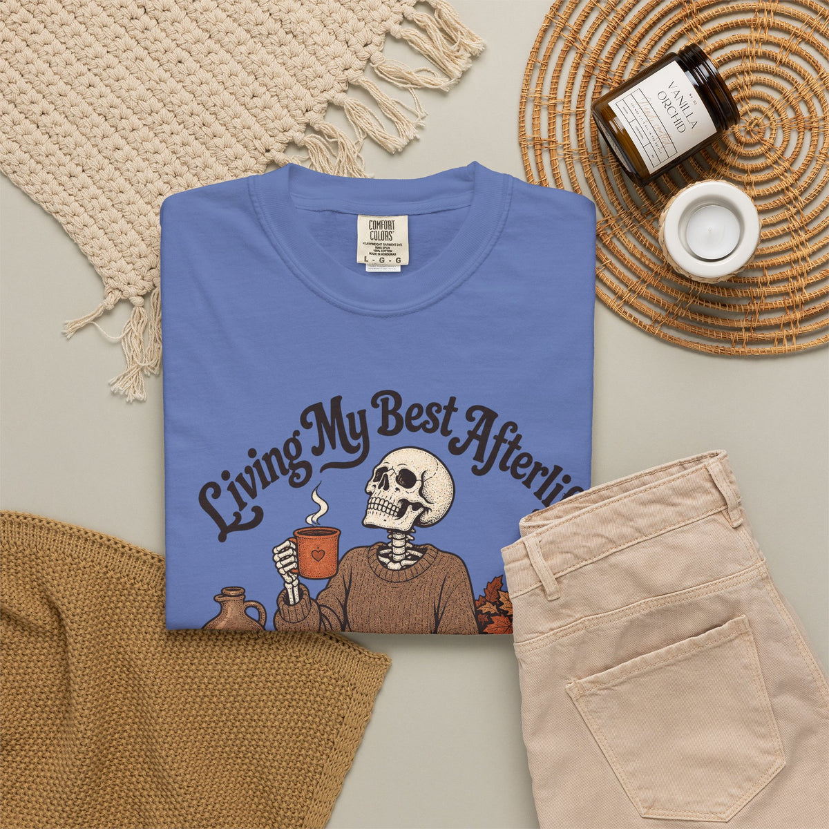 Living My Best Afterlife T-shirt - Mystic Blue - Flat Lay