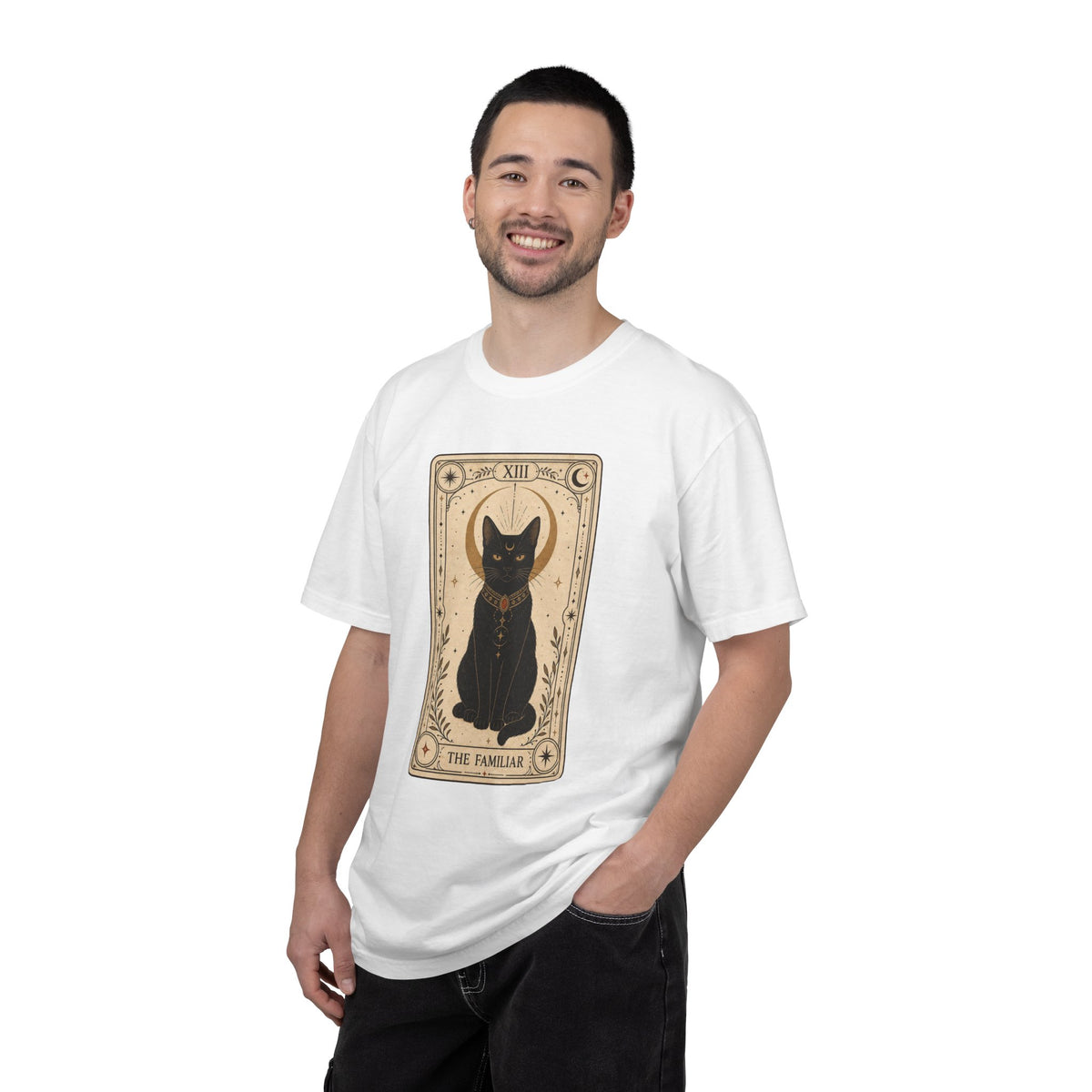 Black Cat Tarot Card T-shirt - White - On Model Male