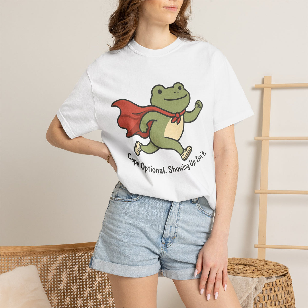 Superhero Frog running illustration T-shirt - White - On Model Female