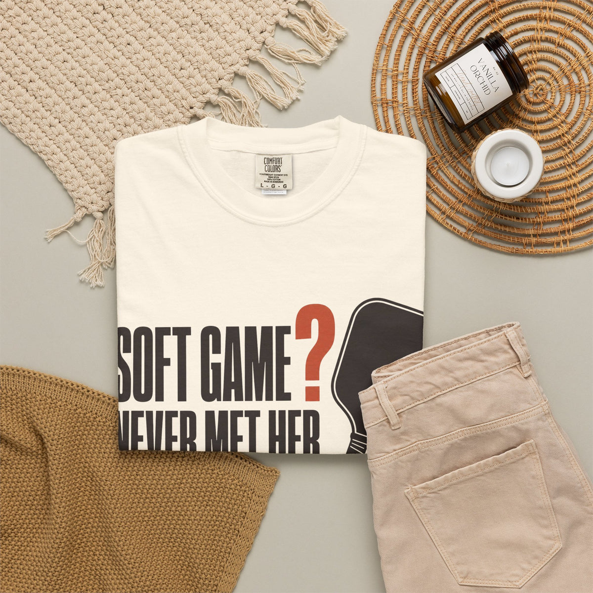Soft Game? Never Met Her T-Shirt - Ivory - Flat Lay