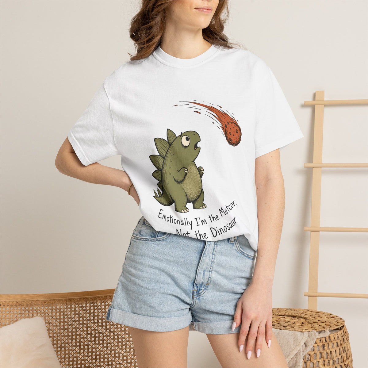 Emotionally I'm the Meteor Dinosaur T-shirt - White - On Model Close-Up