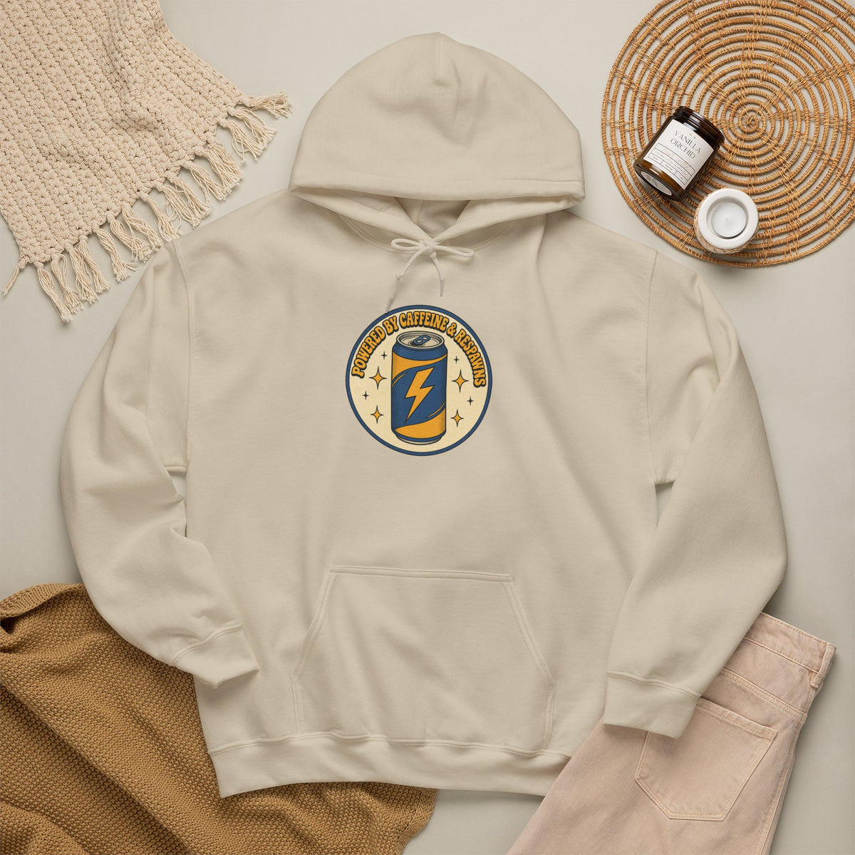 Caffeinated Energy Can Hoodie - Sand - Flat Lay