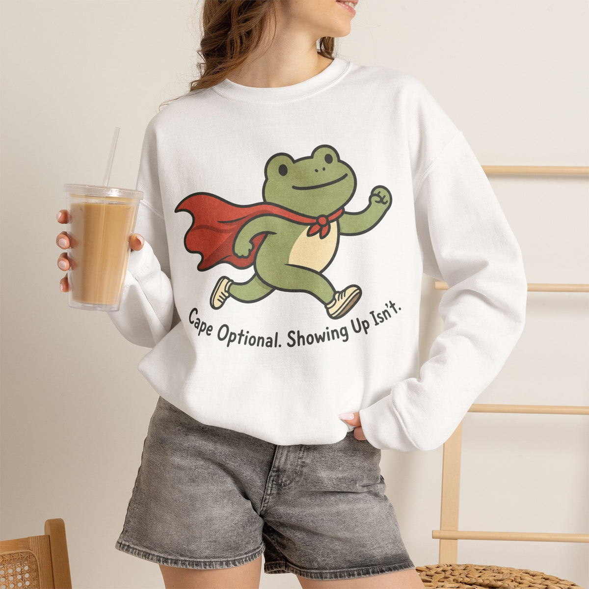 Superhero Frog running Sweatshirt - White - On Model Female