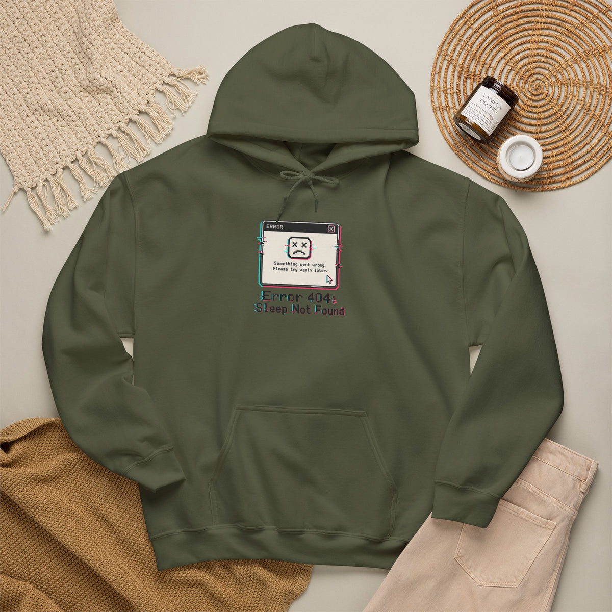 Error 404 Sleep Not Found Hoodie - Military Green - Flat Lay
