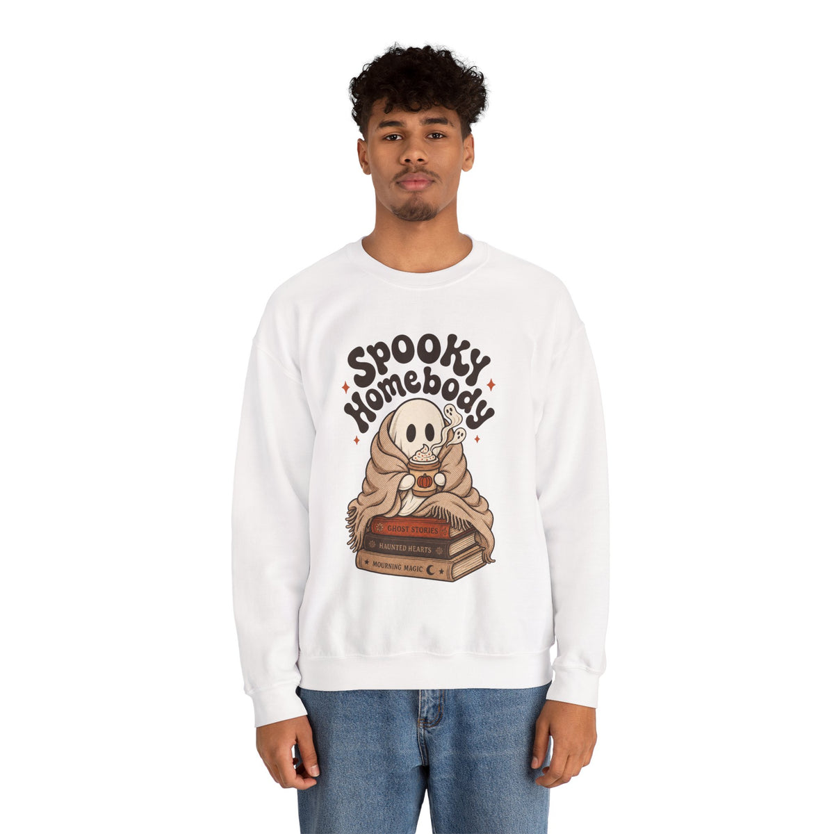 Spooky Homebody Ghost Sweatshirt - White - On Model Male