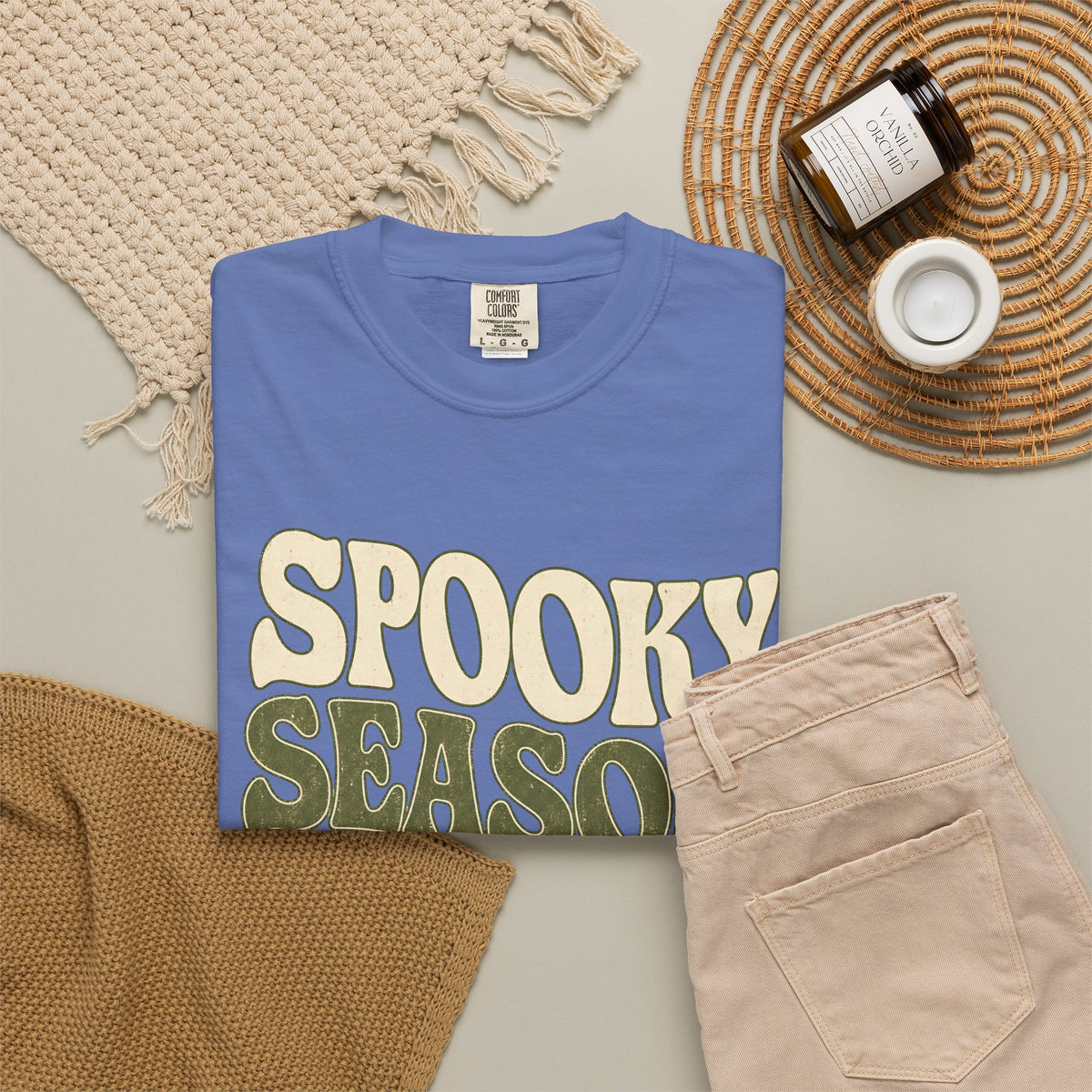 Spooky Season Slow Living T-shirt - Mystic Blue - Flat Lay